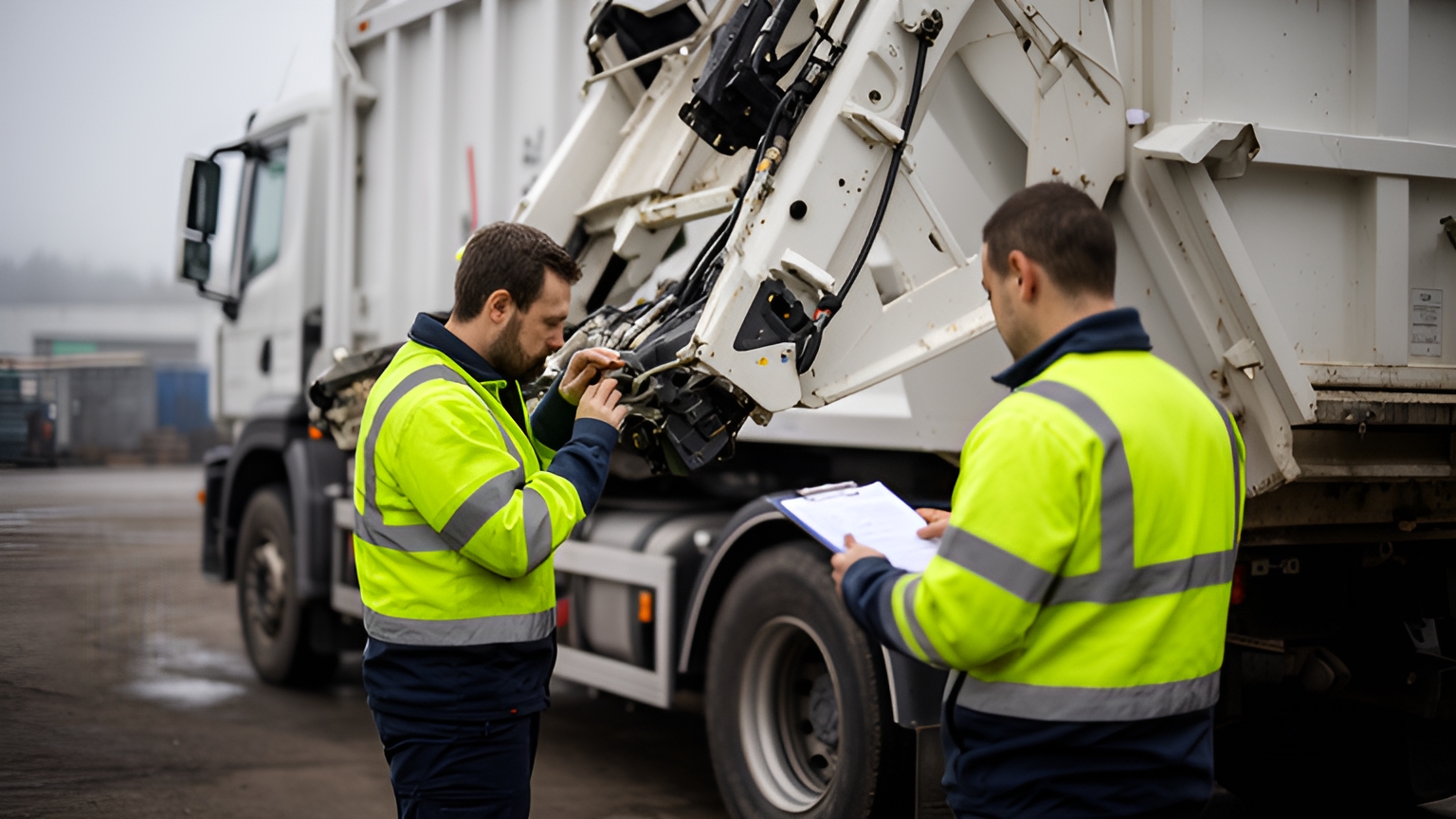 Two workers in high-visibility jackets inspect a refuse collection truck's lift mechanism in a misty depot yard, one checking hoses while the other holds a clipboard.