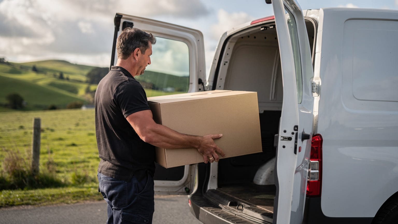 A technician in a dark polo shirt lifts a cardboard box from the open rear doors of a white van beside green rural paddocks.